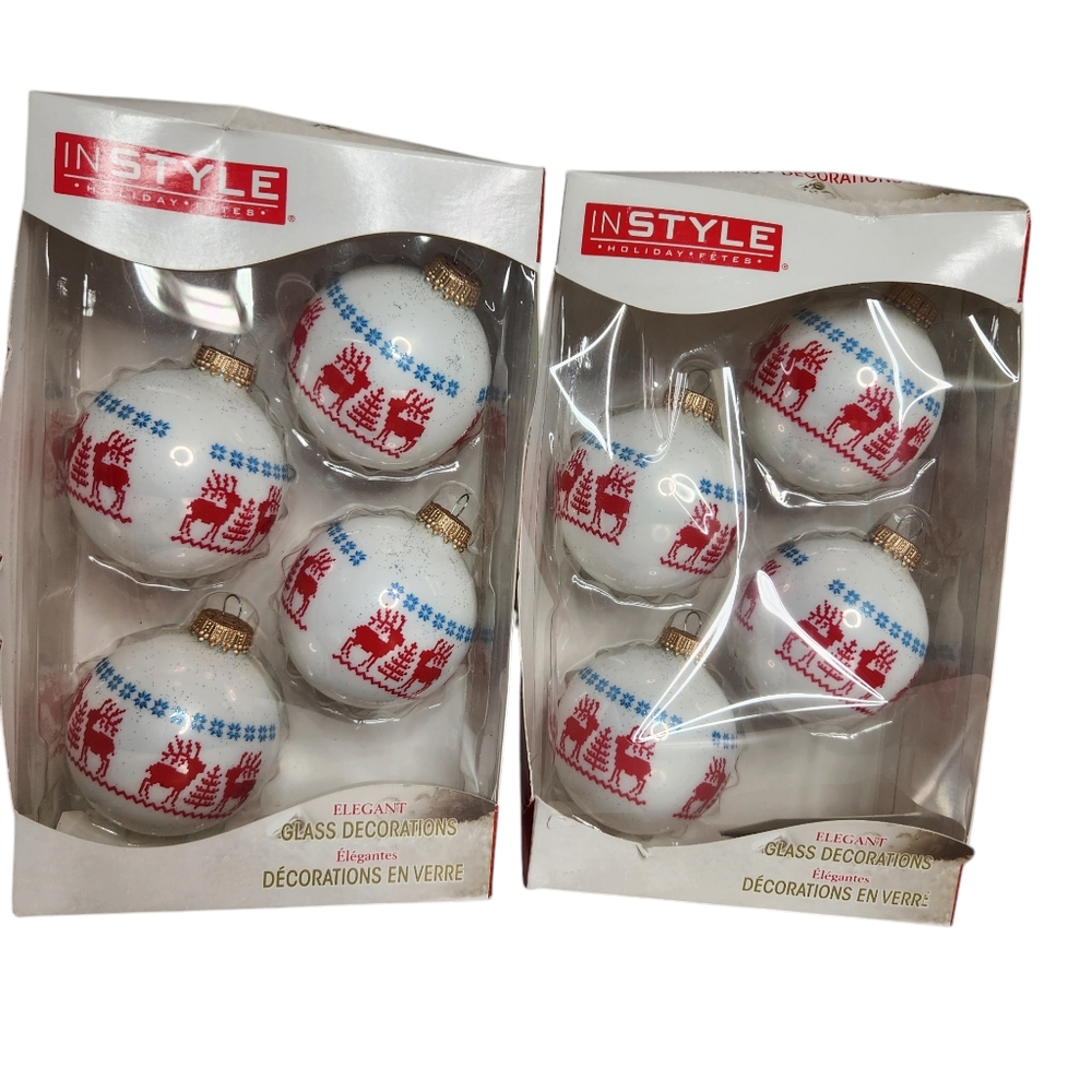 Christmas Sweater White and Red Holiday Glass Ornaments set of 8